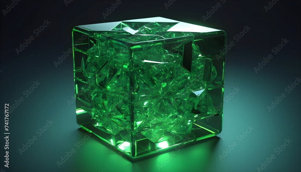 Green glass cube cracked on dark background Green glass cube cracked on dark background