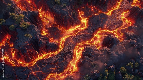 Molten Lava Flow Resembling a River of Fire: A Volcanic Spectacle. top view.