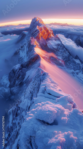 cloud inversion, sharp jagged snowy peaks illuminated by alpen glow from the sun ,generative ai