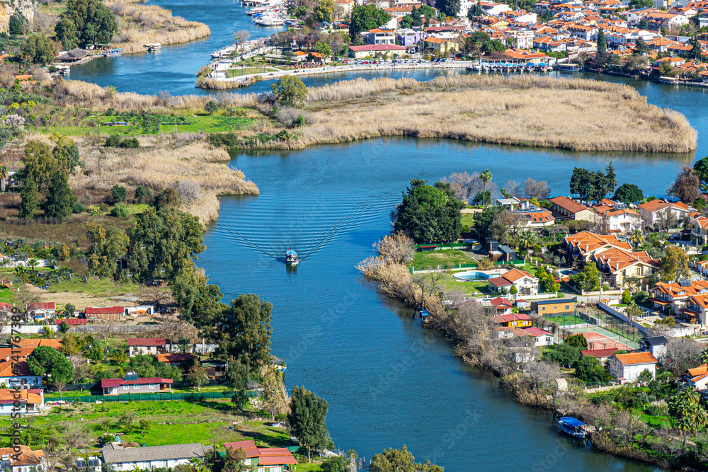 Scenic views from Kaunos and Dalyan, a city of ancient Caria, west of the modern town of Dalyan and The Calbys river ( Dalyan river) which was the border between Caria and Lycia in Muğla, Turkey