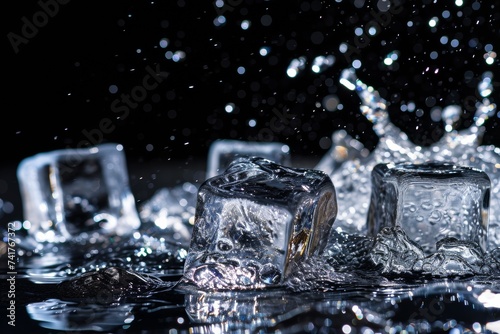 frozen blue transparent ice cubes falling on black background with water splashes. Refreshing and cooling. Heatwave. 