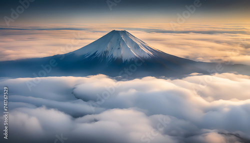 View of Mount Fuji from the sky among low clouds. - Generative AI photo