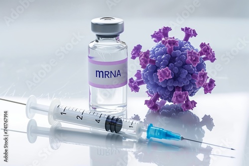 syringe and bottle mRNA Vaccines and coronavirus on a white background, COVID-19 Vaccine