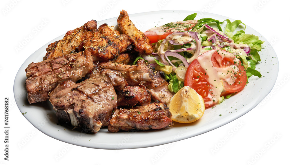 Floating White plate with Mixed meat grilled and salad