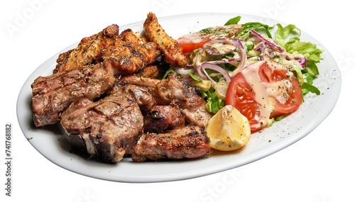 Obraz na płótnie Floating White plate with Mixed meat grilled and salad w salonie