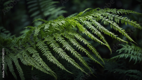 Fern fronds with soft detailed texture Natural abstract delicate shapes and fluid lines Emphasized leaf edges against blurred background Rich green tones creating a dark mood feel