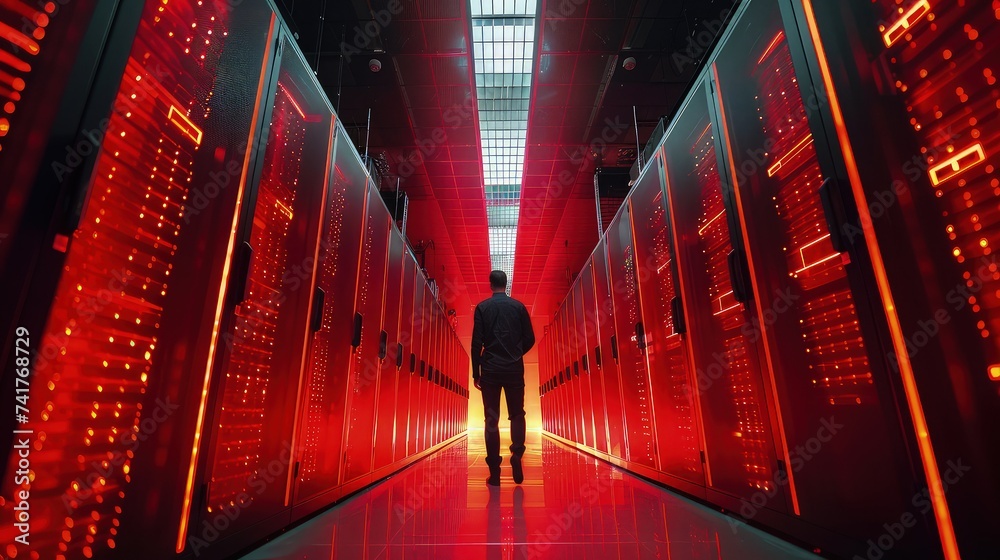Man Standing in Server Room Aisle Illuminated by Red Light: Tech Background - obrazy, fototapety, plakaty 