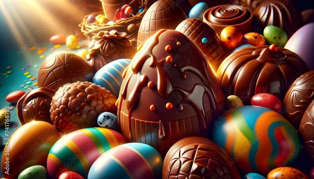 Une célébration éclatante de Pâques avec des œufs en chocolat festifs, richement décorés, capturant l'essence joyeuse et colorée de la fête. - obrazy, fototapety, plakaty 