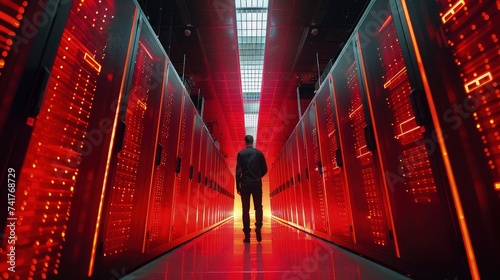 Man Standing in Server Room Aisle Illuminated by Red Light: Tech Background