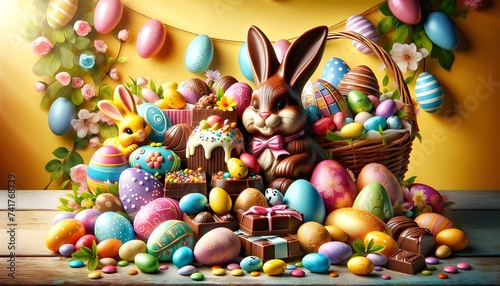 Pâques célébrée avec œufs et lapins en chocolat, évoquant le printemps par leurs couleurs vives et festives photo