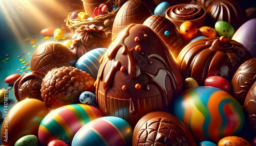 Une célébration éclatante de Pâques avec des œufs en chocolat festifs, richement décorés, capturant l'essence joyeuse et colorée de la fête. photo