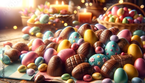 Pâques en gros plan, œufs de chocolat et bonbons parmi des décorations colorées, festivité et gourmandise à l'honneur. photo