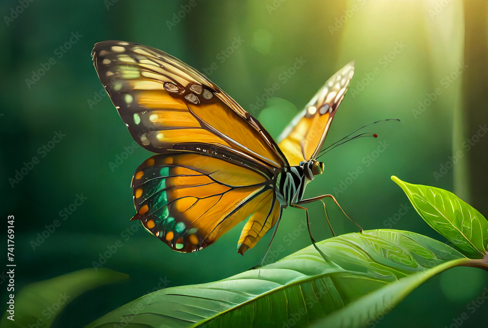 Fototapeta premium Highly detailed and realistic image of a butterfly flying in green nature.