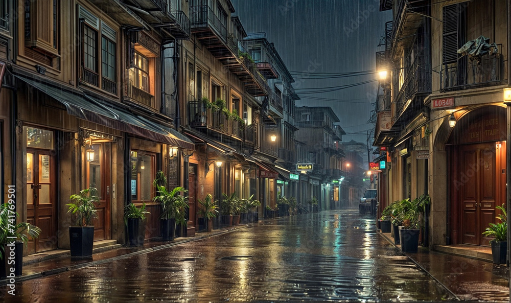 Rainy night view of a wet street with several potted plants lining the sidewalk. Street illuminated by streetlights