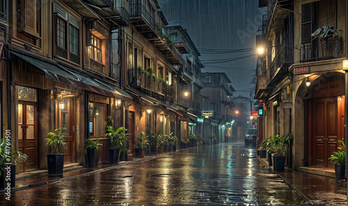 Rainy night view of a wet street with several potted plants lining the sidewalk. Street illuminated by streetlights © nasir1164