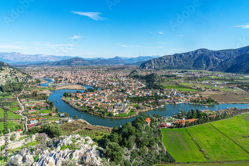 Scenic views from Kaunos and Dalyan, a city of ancient Caria, west of the modern town of Dalyan and The Calbys river ( Dalyan river) which was the border between Caria and Lycia in Muğla, Turkey photo