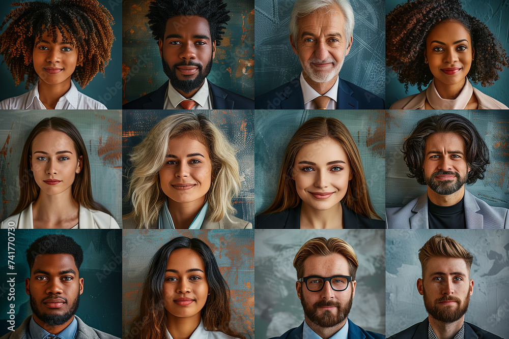 A virtual career fair connecting job seekers with employers worldwide. A collage of portraits of a variety of people - obrazy, fototapety, plakaty 