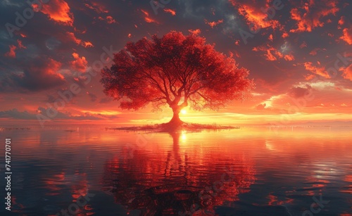 As the sun sets over the calm lake, the tree stands tall, its reflection a fiery red in the water, basking in the afterglow of the evening sky