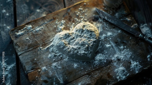 Heart-Shaped Flour on Weathered Wooden Boards. Dramatic Lighting for a Rustic Culinary Art Scene. Perfect for Vintage Kitchen Lov