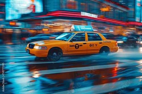 Amidst the hustle and bustle of the city at night, a bright yellow taxi rolls down the wet street, its wheels spinning on the slick road as it navigates through the towering buildings, its tires glis photo