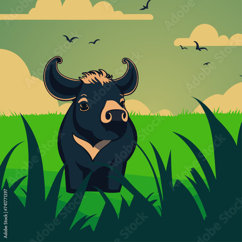 Calm bull in the field
