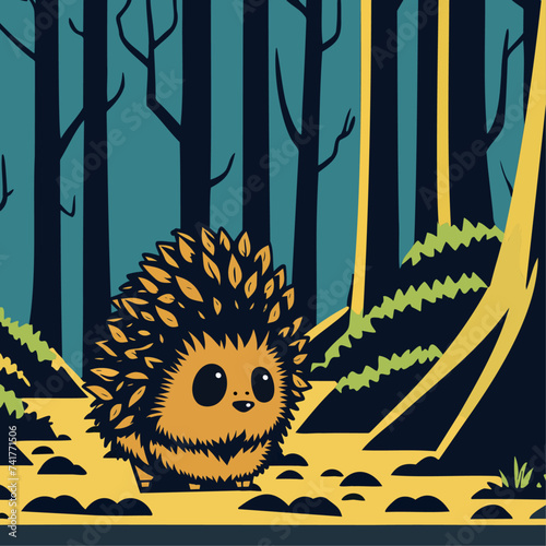 Fearful hedgehog in the middle of the forest