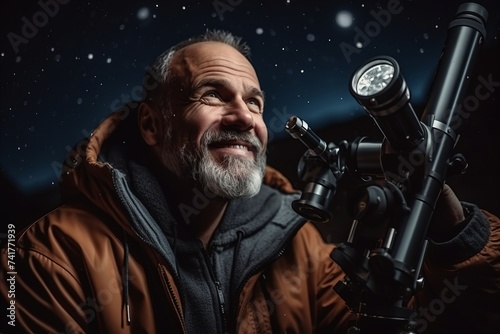 Portrait of a senior man with binoculars at night. © Nerea
