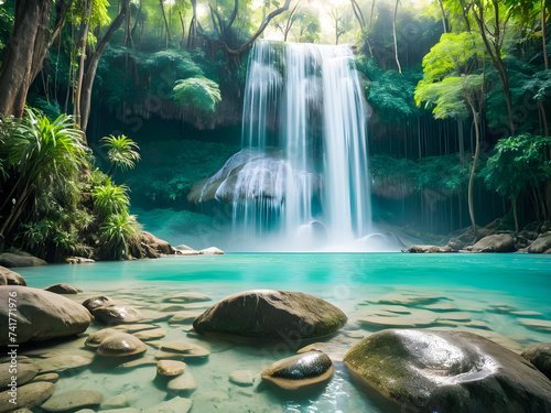Beautiful waterfall with emerald colored water in a tropical forest.