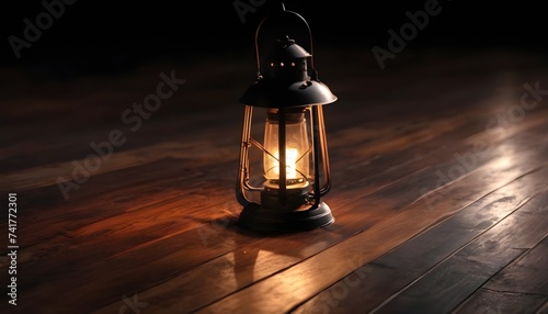 Old vintage iron mine lantern on wooden floor, darkbackground photo