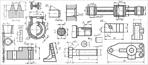 Vector engineering drawing of steel mechanical parts with through holes and dimension lines. Industrial cad scheme on white paper sheet. Technology background.
