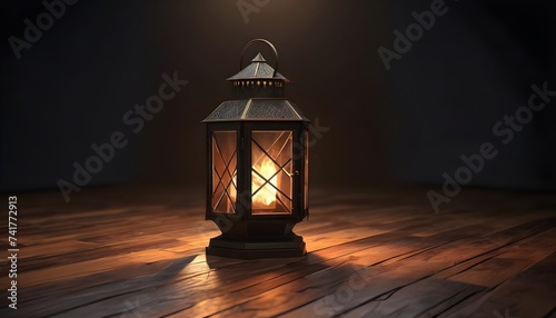 Old vintage iron lantern on wooden floor, dark background