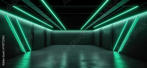 Dark Tunnel With Green Neon Lights