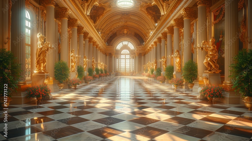 A stunning indoor lobby with grand columns, adorned with beautiful plants and carefully curated art, exudes a sense of symmetrical elegance and impeccable interior design in this captivating hall A stunning indoor lobby with grand columns, adorned with beautiful plants and carefully curated art, exudes a sense of symmetrical elegance and impeccable interior design in this captivating hall