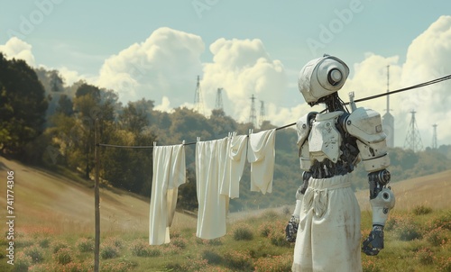 A humanoid robot wearing an apron hangs clothes to dry generative ai art photo