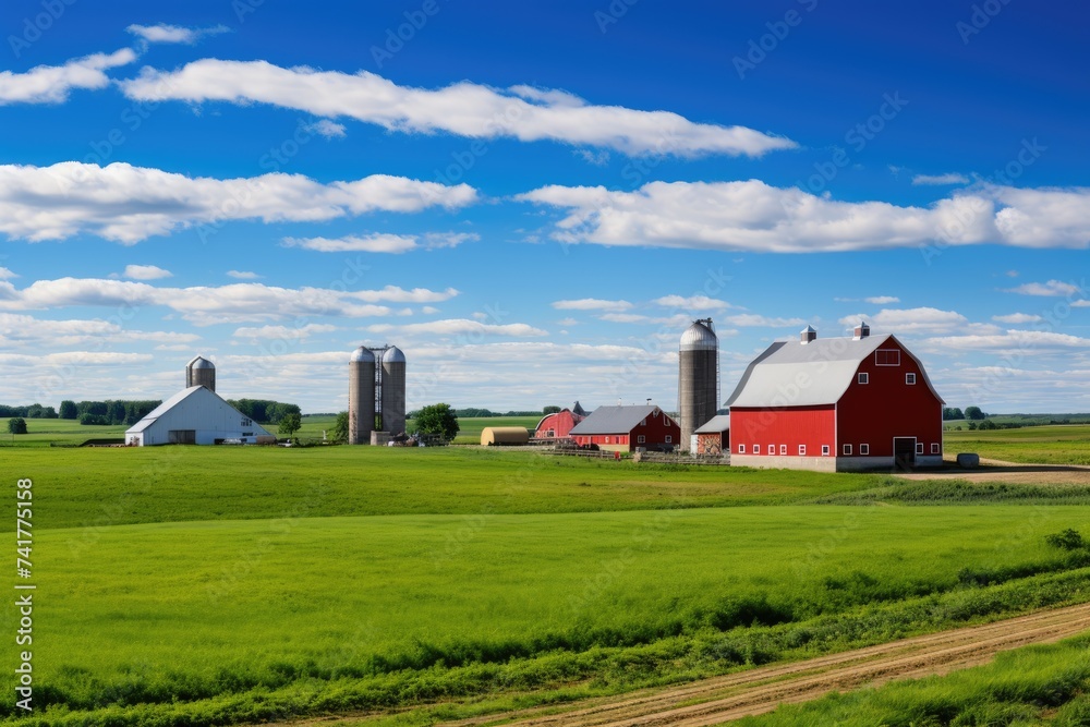 Bright red barns and silos stand out in a lush green landscape under a blue sky dotted with fluffy clouds
