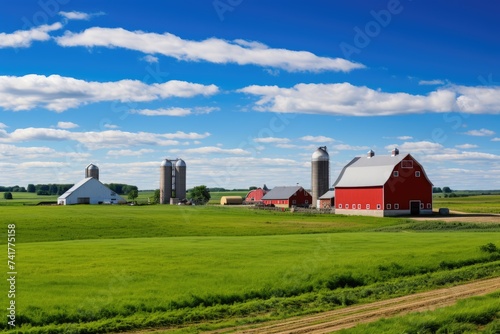 Bright red barns and silos stand out in a lush green landscape under a blue sky dotted with fluffy clouds