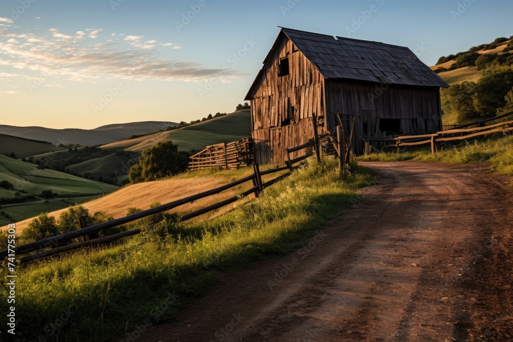 The warm evening sun bathes an old wooden granary and fence in golden light, with rolling hills stretching into the distance - obrazy, fototapety, plakaty 