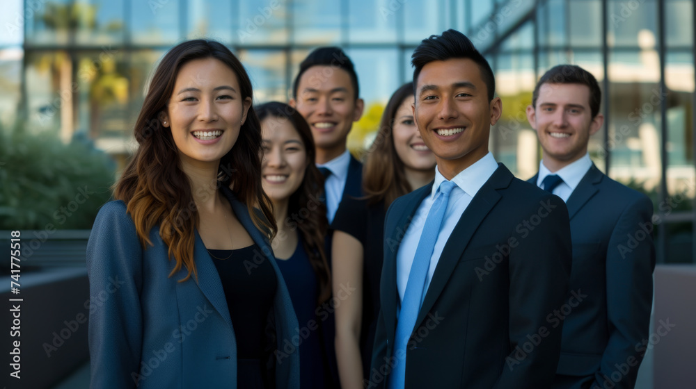group of professional individuals, likely a business team, standing together and smiling at the camera. group of professional individuals, likely a business team, standing together and smiling at the camera.