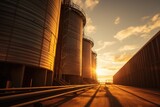 The setting sun casts a golden glow on the metal grain silos, highlighting the industrial beauty of agricultural storage