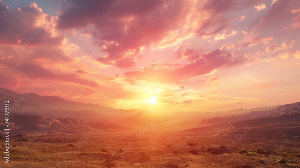 Fototapeta premium an epic sunset with a large, bright sun dipping behind majestic mountains