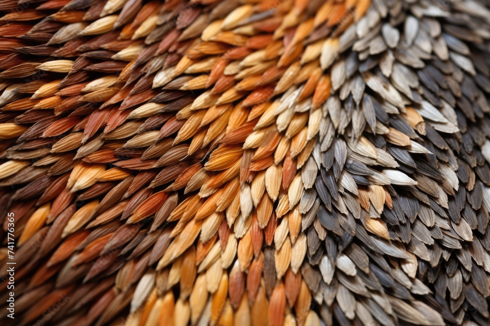 Obraz premium Macro shot highlighting the diverse hues and textures of mixed seeds, arranged to form a gradient
