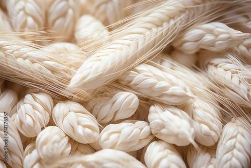 A close up shot of wheat spikes and braided strands, highlighting the golden hues and delicate textures of the grains