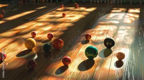 a bowling ball and scattered skittles on a polished wooden floor photo