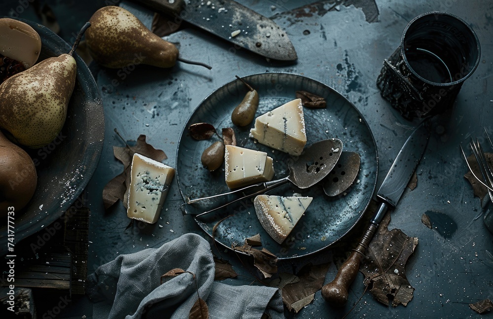 Artisanal Cheese and Fresh Pears on Rustic Table with Vintage Cutlery, plate with cheese and pears is placed next to other images, in the style of dark gray and blue, frostpunk