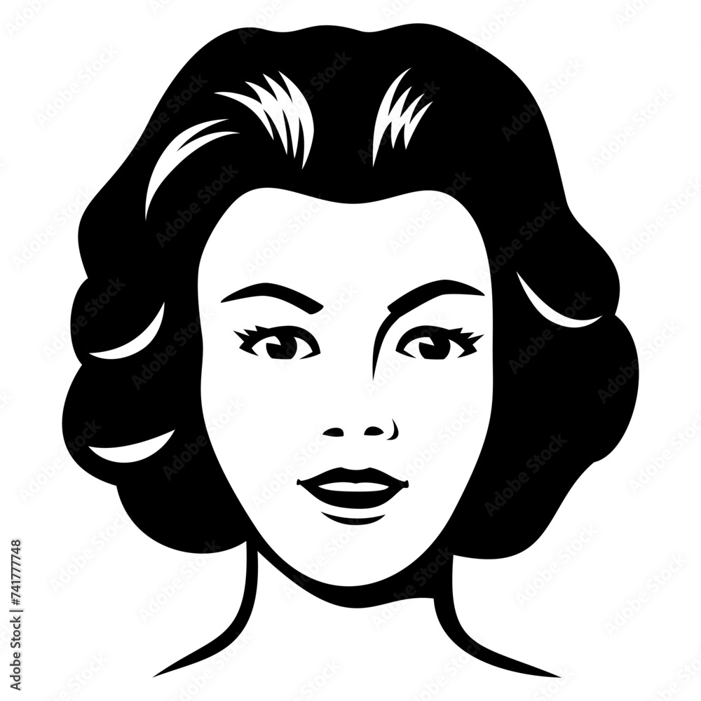 Icon of woman with hairstyle 50s for avatars, user profiles. Black and white vector clipart. Designed to good fit in square and circle. Icon of woman with hairstyle 50s for avatars, user profiles. Black and white vector clipart. Designed to good fit in square and circle.