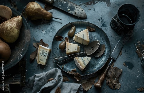 Artisanal Cheese and Fresh Pears on Rustic Table with Vintage Cutlery, plate with cheese and pears is placed next to other images, in the style of dark gray and blue, frostpunk photo