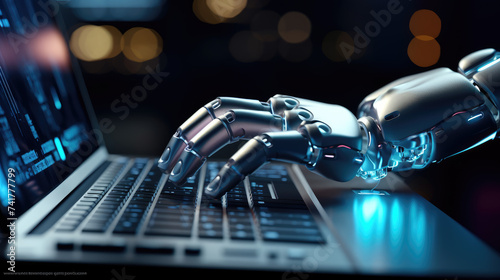 A Robot hands typing on a keyboard with futuristic elements AI Robot Arm and Laptop: Harnessing Artificial Intelligence for Modern Internet and Productivity Advancements