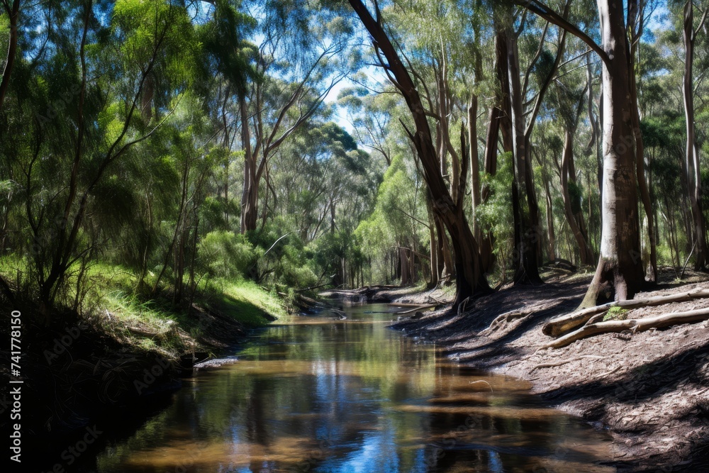A babbling brook running through a forest with sunlight dappling through the canopy A babbling brook running through a forest with sunlight dappling through the canopy