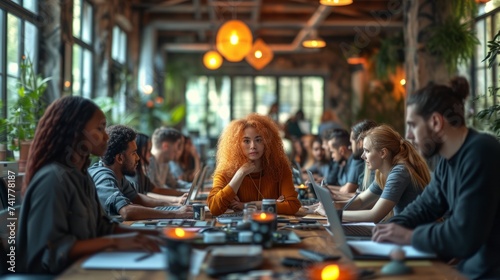 A group of people sitting around a table having a meeting