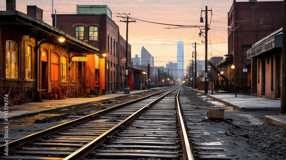 Deserted railroad tracks in an urban setting